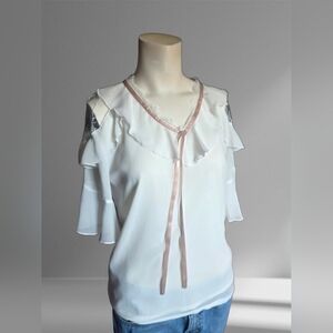 Boutique Romantic Ruffle Lace Blouse Pink Ribbon Tie Size M